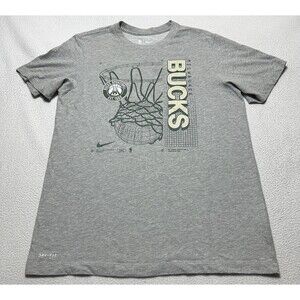 Milwaukee Bucks Nike Tee Shirt Dri-Fit NBA Basketball Hoop Logo Gray Size Medium